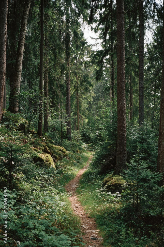 Fototapeta premium A sun-dappled path winds through a dense, verdant forest. Tall, slender trees line a dirt trail, lush undergrowth hugs the sides. Shadows and light create a tranquil, secluded atmosphere