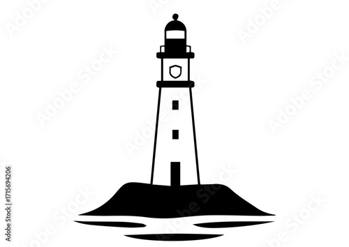 Black silhouette of a lighthouse on rocky island in ocean  