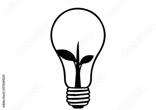 Light bulb with green plant sprouting inside in black outline style  