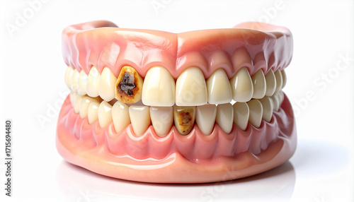 Dental model showing decayed teeth cavities enamel