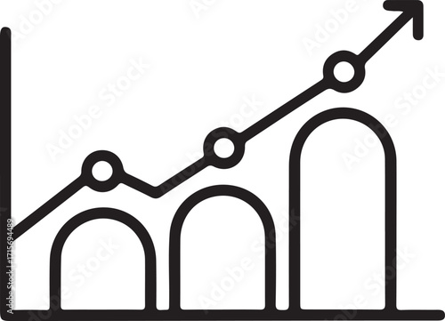 Upward trending bar chart with line graph and circles