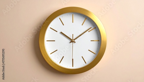 Wallpaper Mural Round wall clock with gold frame, white face, and minimalist gold hour markers and hands, mounted on light wall, showing time 10:10:30 Torontodigital.ca