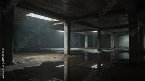 Dark, damp, and abandoned concrete interior with pillars, puddles, and a sense of decay.