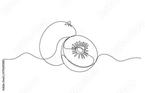 one line art Kiwi vector illustration. line art, one continuous line, simple, kiwi fruits continuous line art drawing, Kiwi Fruit Line Drawing with Sliced Fruit and Leaves