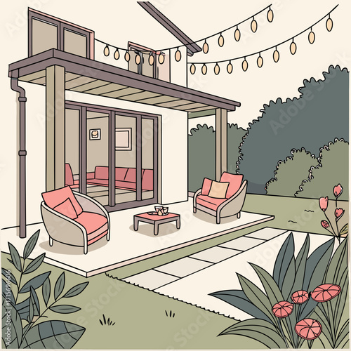 Vector art of backyard patio with seating, string lights, and lush garden for entertaining
