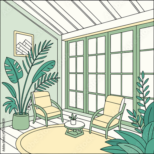 Vector art of bright sunroom interior with chairs, plants, and natural light illustration