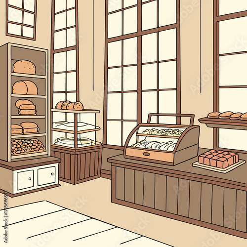 Vector art of bakery interior with shelves and counters full of bread and pastries, drawing