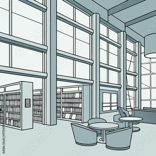 Vector art of contemporary library interior with bookshelves, tables, and large windows
