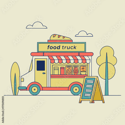 Vector art of food truck with bread sign, vector illustration