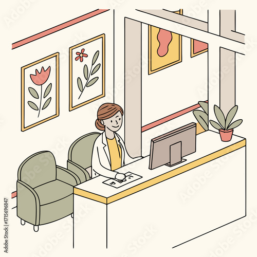 Vector art of isometric illustration of a doctor at the reception desk in the clinic
