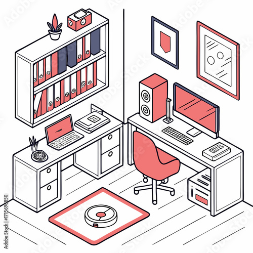 Vector art of isometric home office setup with desk, computer, and shelves