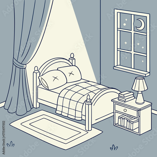 Vector art of night bedroom interior with bed, bedside table, window and moonlight
