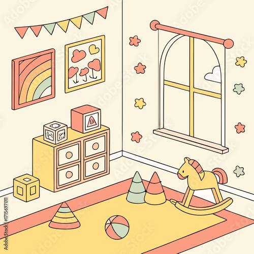 Vector art of pastel playroom interior with rocking horse and toys in cartoon style