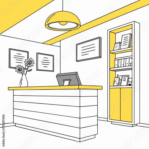 Vector art of reception desk in a modern office with yellow accents and