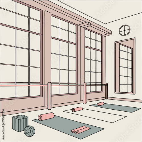 Illustration of a yoga studio with mats, blocks, and barre exercise equipment
