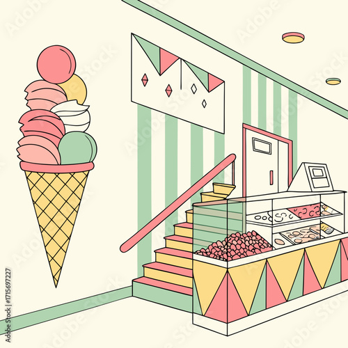 Illustration of an ice cream shop with cone, stairs, and display case