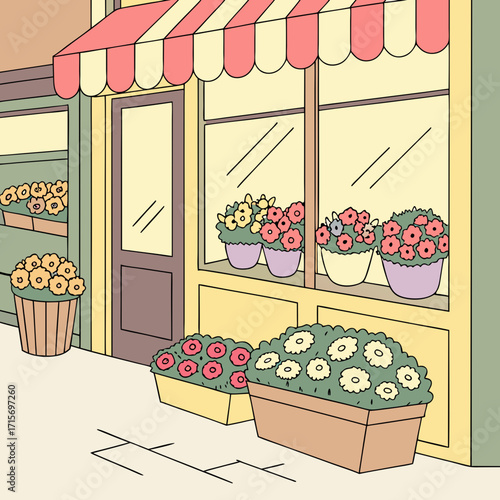 Vector art of charming flower shop facade with colorful blooms and inviting storefront