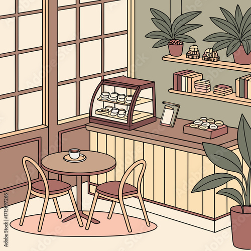 Vector art of charming cafe interior with pastries, plants, and tables near the window