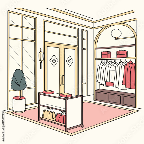 Vector art of chic boutique interior with clothes on shelves