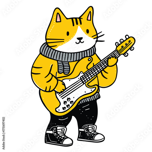 Young Cool Tiger Character Playing Electric Guitar Cartoon Vector Illustration	