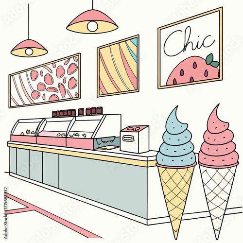 Vector art of ice cream shop with desserts and sweets
