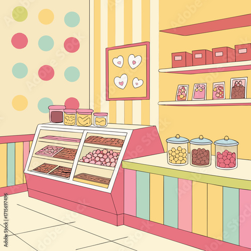 Vector art of isometric view of a colorful candy shop with sweets, chocolate, and candies