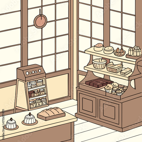 Vector art of isometric view of a cozy bakery shop with cakes, bread, and other sweets