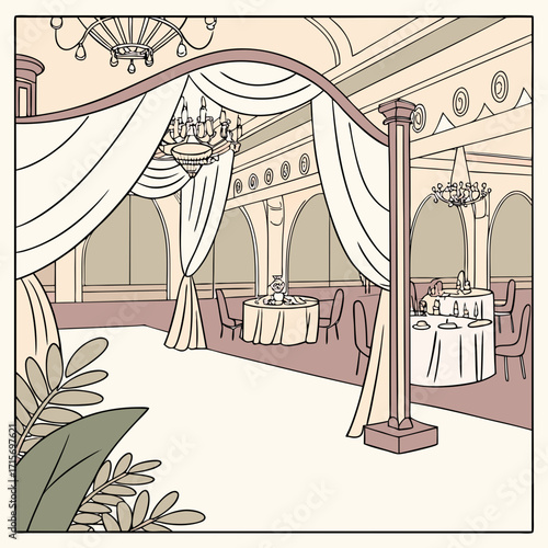 Vector art of wedding reception venue with draped fabric, chandeliers, and table settings