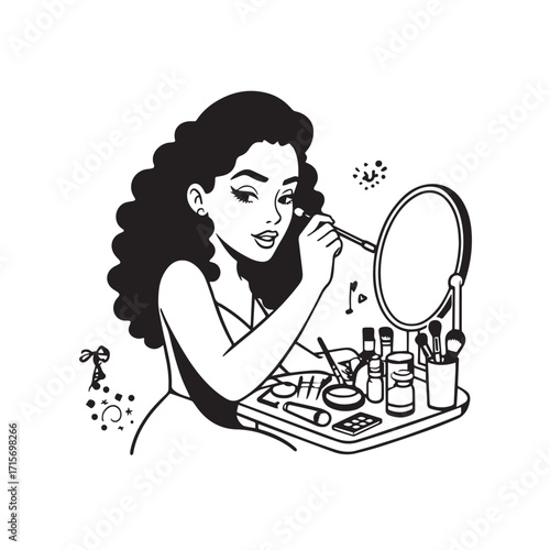 Black and white line art of a beautiful woman doing makeup at dressing table with mirror illustration