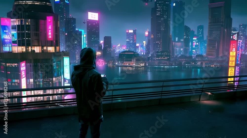 A lone figure in a hoodie stands on a futuristic balcony overlooking a neon-lit cyberpunk cityscape with flying drones.