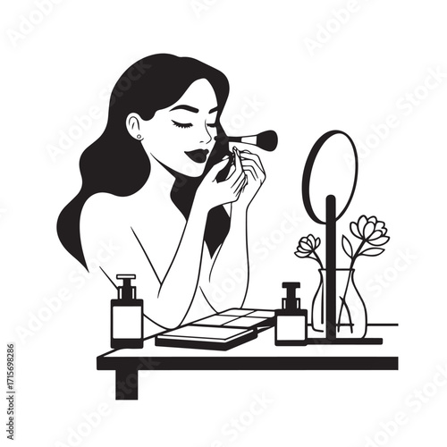 Black and white line art of a beautiful woman doing makeup at dressing table with mirror illustration