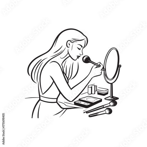 Black and white line art of a beautiful woman doing makeup at dressing table with mirror illustration