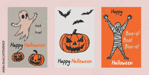 Halloween Posters With Ghost, Pumpkin, And Mummy: Festive Trick Or Treat Visuals For Party Decor. Three vertical Halloween posters featuring a friendly ghost, a carved pumpkin jack-o'-lantern