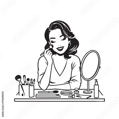 Black and white line art of a beautiful woman doing makeup at dressing table with mirror illustration