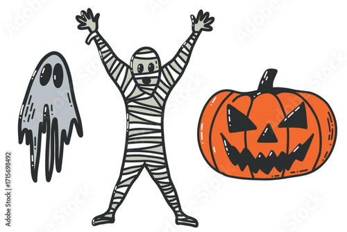 Halloween Trio: Ghost, Mummy, and Jack-O-Lantern Pumpkin Ready for Fun Party Photos and Celebration. A playful Halloween scene featuring a ghost, a mummy, and a jack-o'-lantern pumpkin. Bright, friend