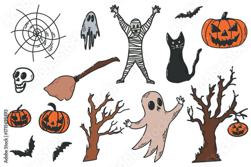 Halloween Themed Clipart Set With Ghosts, Pumpkins, Bats, Mummies And Spooky Trees. Playful Halloween illustration collection featuring ghosts, pumpkins, a mummy, a skeleton, bats, a broom, and bare 