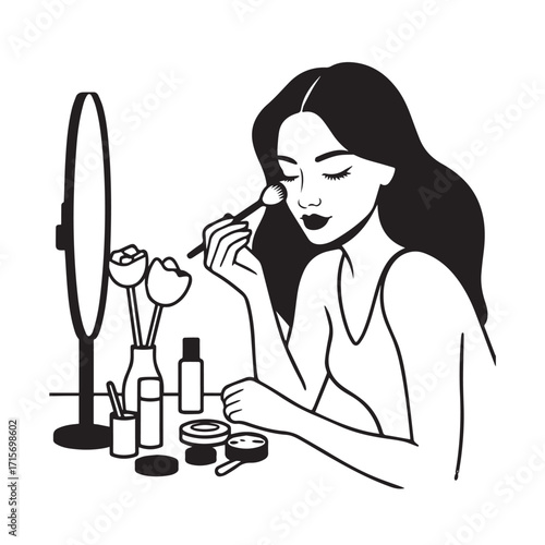 Black and white line art of a beautiful woman doing makeup at dressing table with mirror illustration