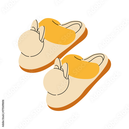 Cute slippers set. Home slipper for kids, isolated footwear collection. Warming house accessories, adult shoes racy vector clipart. Stylish modern design of shoes for women and children.