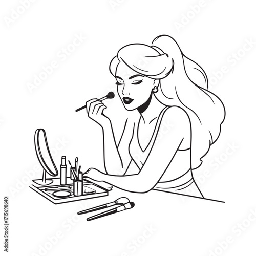 Black and white line art of a beautiful woman doing makeup at dressing table with mirror illustration