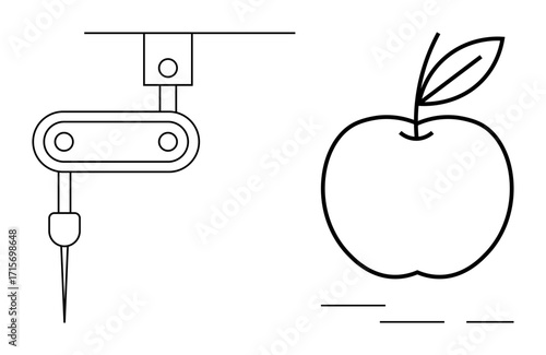 Robotic arm analyzing an apple for quality assessment. Ideal for automation, robotics, technology, efficiency, agriculture, production, innovation. Simple flat metaphor