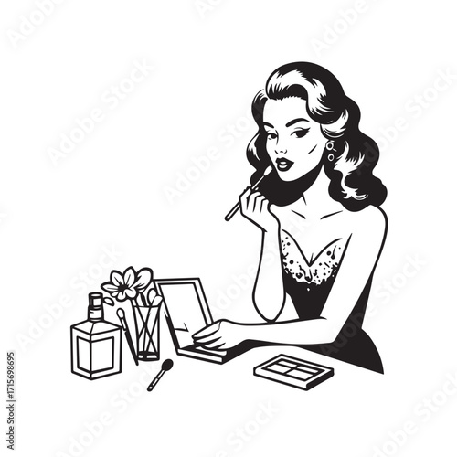 Black and white line art of a beautiful woman doing makeup at dressing table with mirror illustration