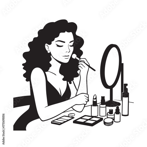 Black and white line art of a beautiful woman doing makeup at dressing table with mirror illustration