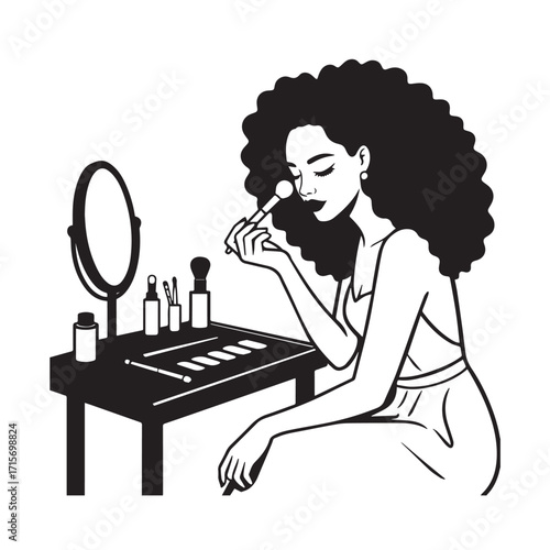 Black and white line art of a beautiful woman doing makeup at dressing table with mirror illustration