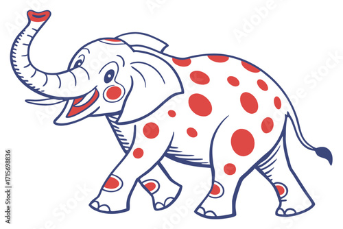 Cartoon Elephant with Red Spots and Blue Outline on White