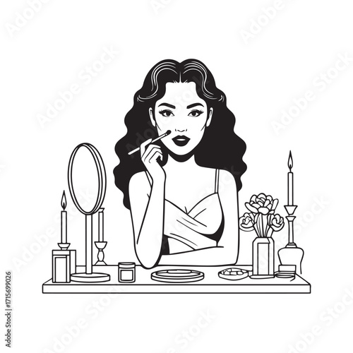 Black and white line art of a beautiful woman doing makeup at dressing table with mirror illustration