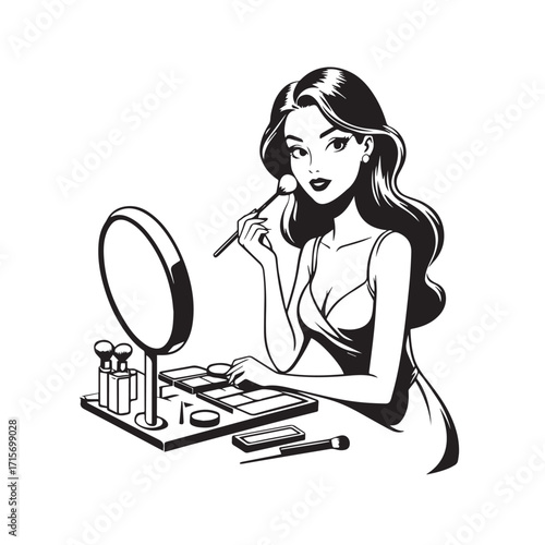 Black and white line art of a beautiful woman doing makeup at dressing table with mirror illustration