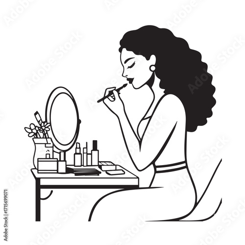 Black and white line art of a beautiful woman doing makeup at dressing table with mirror illustration