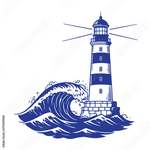Nautical illustration featuring a lighthouse standing strong against a mighty ocean wave