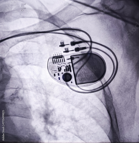 X ray image showed dual chamber permanent pacemaker (PPM) in left chest at Cath Laboratory.