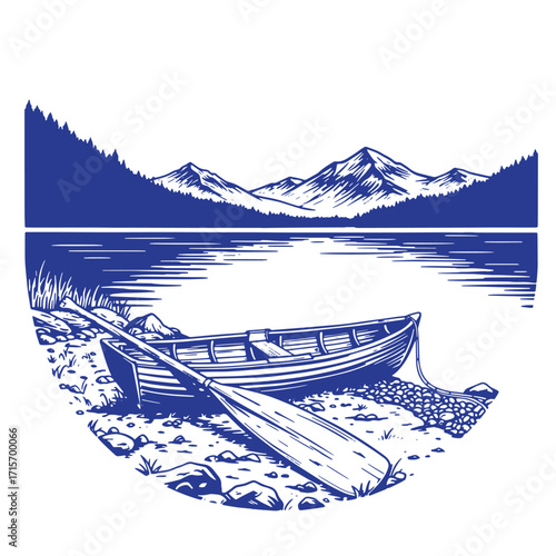 Scenic illustration of a lakeside rowboat with oar and mountain landscape in blue and white
